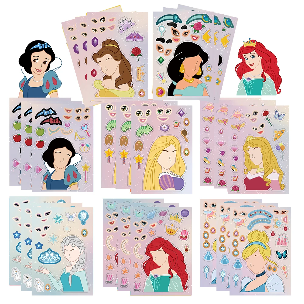 8/16Sheets Disney Princess Make A Face Puzzle Stickers Kids Make Your Own DIY Game Children Cartoon Jigsaw Education Toys Gift