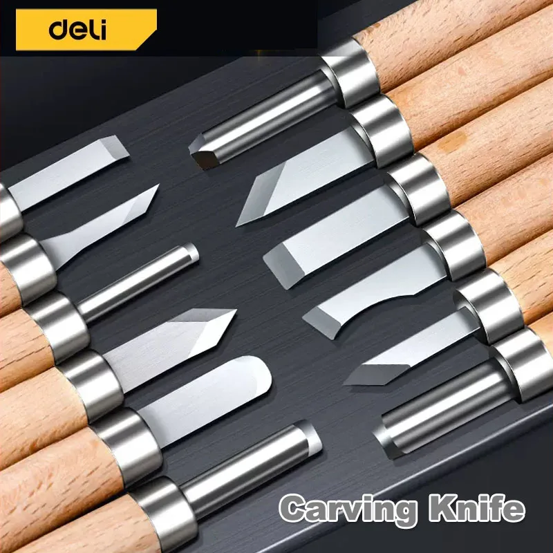 Deli Professional Wood Carving Chisel Knife Sharpen Carving Tools Set For Art Crafts Woodworking Spoon Plaster Carving Knifes
