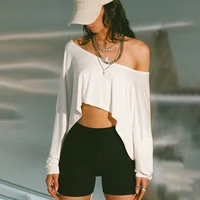 BIIKPIIK Casual Off Shoulder Solid Knitted Tops Concise Skew Collar Long Sleeve Autumn Tees For Women Sporty Irregular T-shirts 2