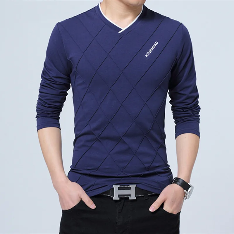 

Spring Autumn Men's Long Sleeve V-neck Cotton T-shirt Fashion Solid Color Oversized Slim Fitting Bottoming Shirt