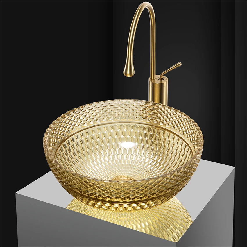

Transparent And Luxurious Glass Crystal Wash Basin Multi Color Design Hotel Bathroom Engineering Household Craft Tabletop Basin