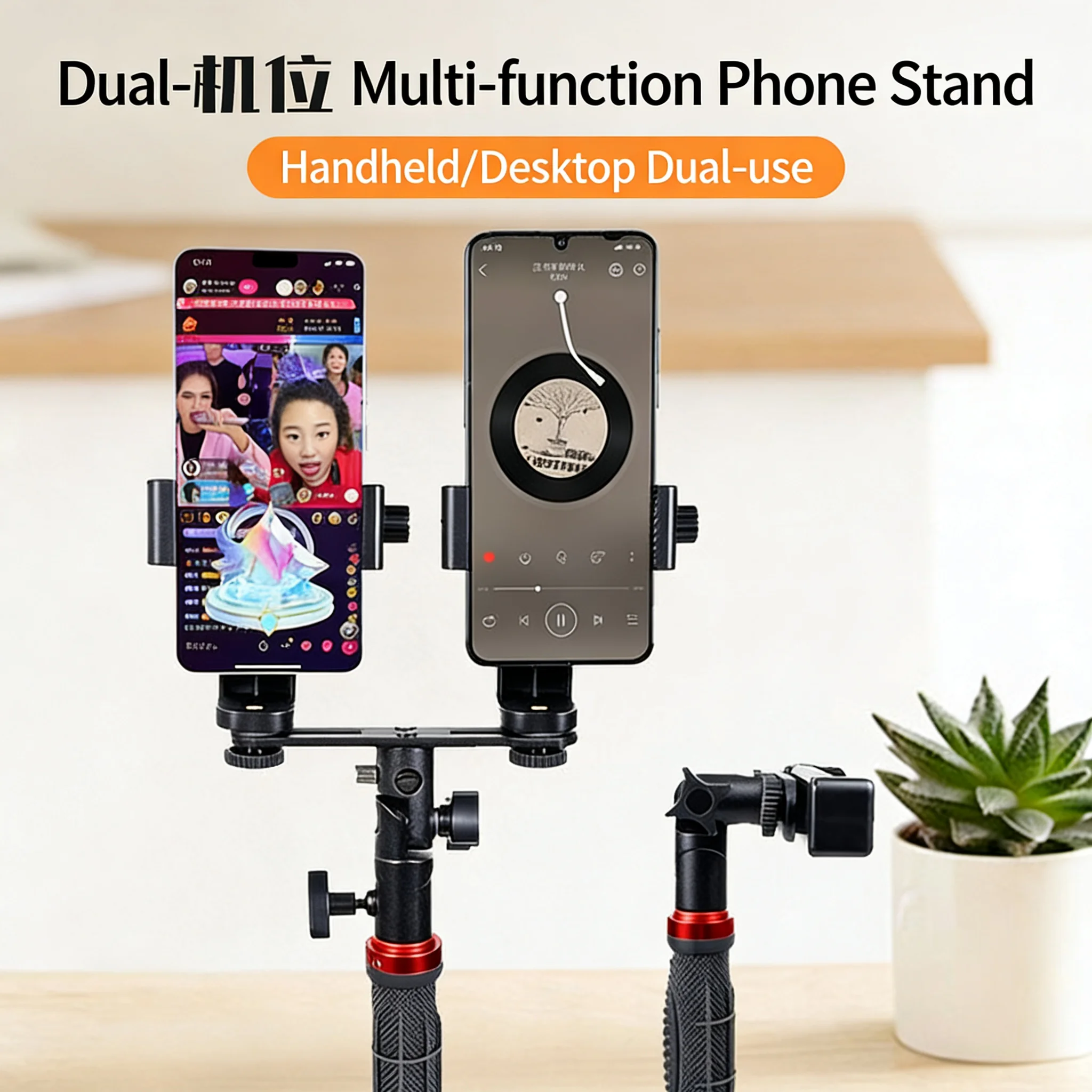 Supporto Treppiede Portatile per Due Telefoni, Regolabile a 360° ° Supporto Rotante per Streaming Live, Mini Treppiede da Tavolo per TikTok YouTube Vlog Selfie - immagine 4