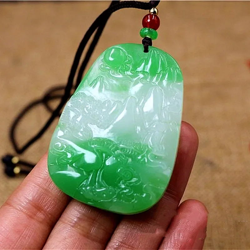 

Chinese Jade, Emerald Green, Hand Carved Landscape Pendant, Boutique Jewelry, Men's and Women's Landscape Painting Necklace Gift