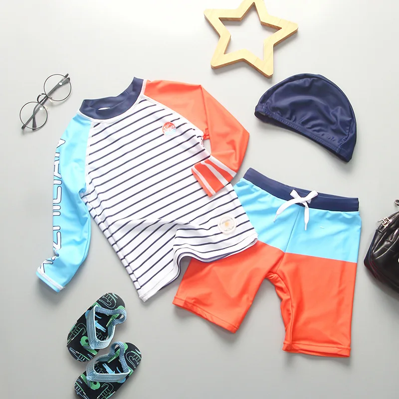 

Sport Baby Boy Swimsuit Stirped Long Sleeve Children Bathing Clothes Summer Top Shorts Cap 3 PCS Outdoor Beach Kids Swimwear