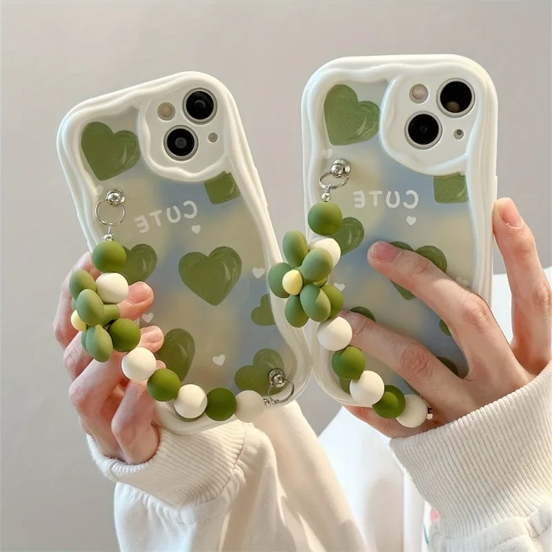 Green Heart Wavy-Edge Pattern Phone Case with Flower Bead Lanyard - Soft Cover
