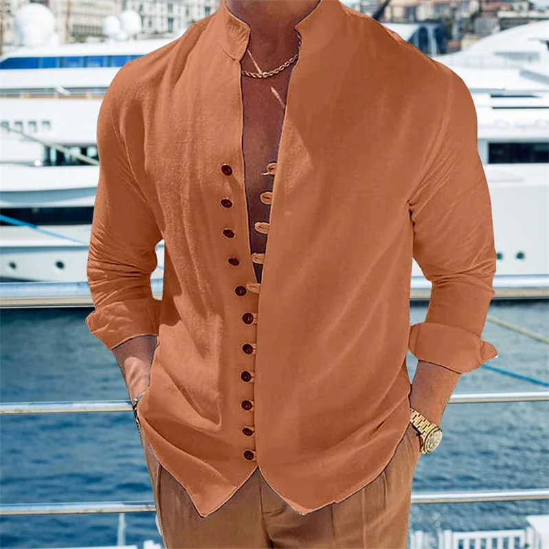 Neues Herren-Leinenhemd, lässige Oberteile, hochwertige, lockere und bequeme, langärmlige Strand-Hawaii-Hemden für Herren_voghion.com