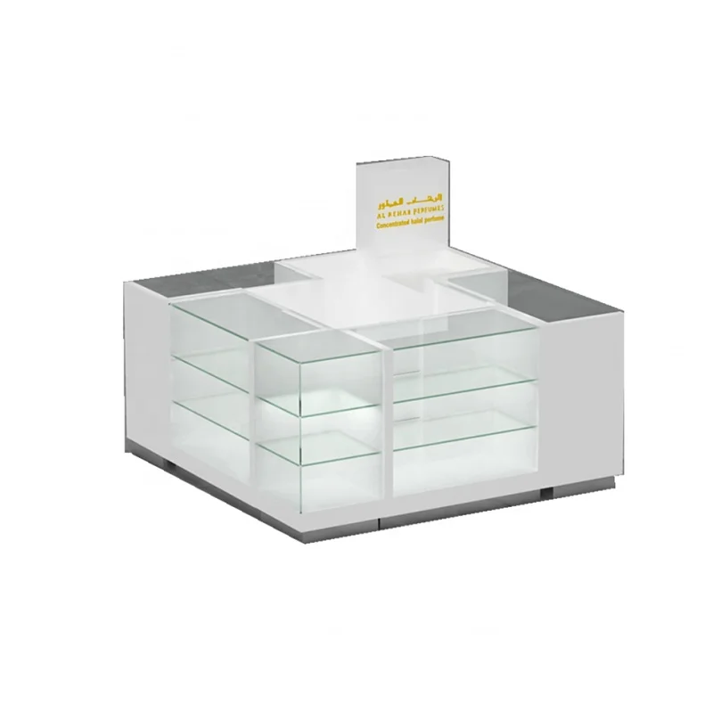 Custom, retail perfume kiosk mall kiosk Island shop wooden glass showcase with LED perfume Display kiosk design