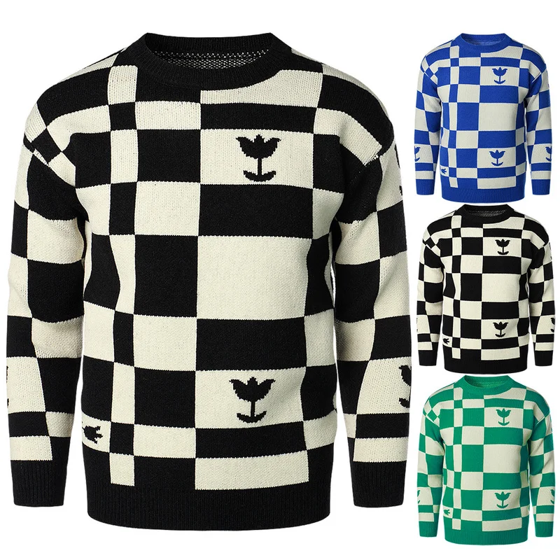 

New Youth Plaid Round Neck Knitted Sweater Warm Soft Casual Trend Personality Tops Mens Clothing