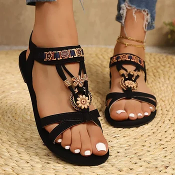 Bohemian Style Women's Flat Sandals Summer Comfortable Non Slip Beach Shoes Woman Vintage Beaded Flower Decor Gladiator Sandals