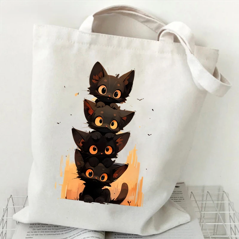 Canvas Tote Bag Anime Black Cat Print Shopping Bag Women Graphic Casual Fashion Teen Handbag Cartoon Kitten Side Bag for Ladies 3