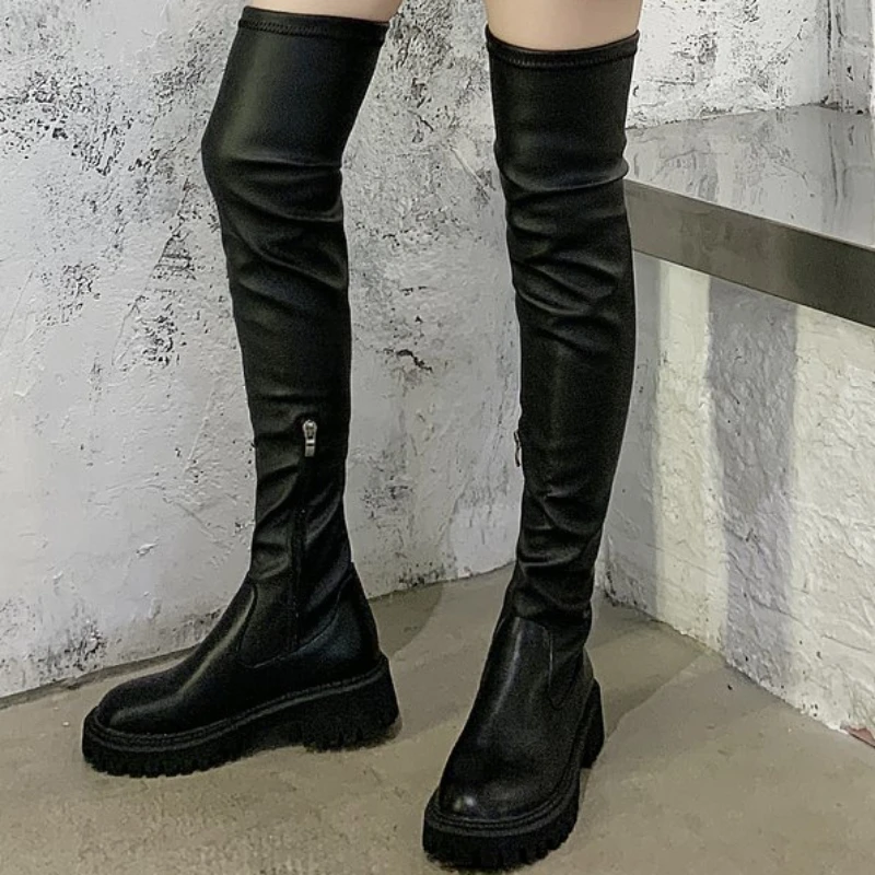 

Женские сапоги выше колена, однотонные непромокаемые сапоги без застежек, с круглым носком, на среднем каблуке, зимняя обувь, 2023