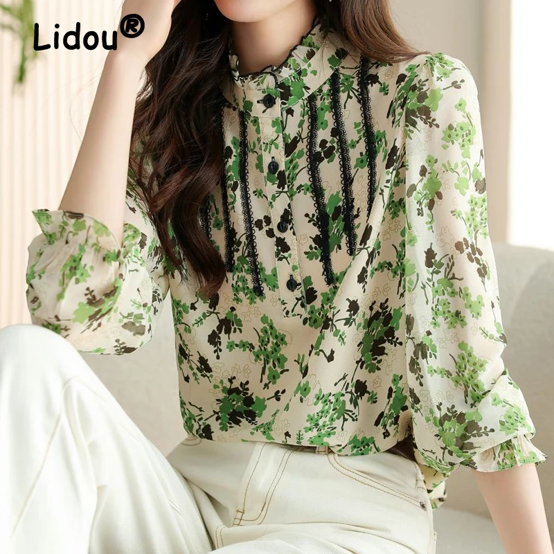 

New Women Plant Flower Print Ruffle Lace Patchwork Elegant Blouse Spring Autumn Fashion Long Sleeve Shirt Sweet Chic Tops Blusas