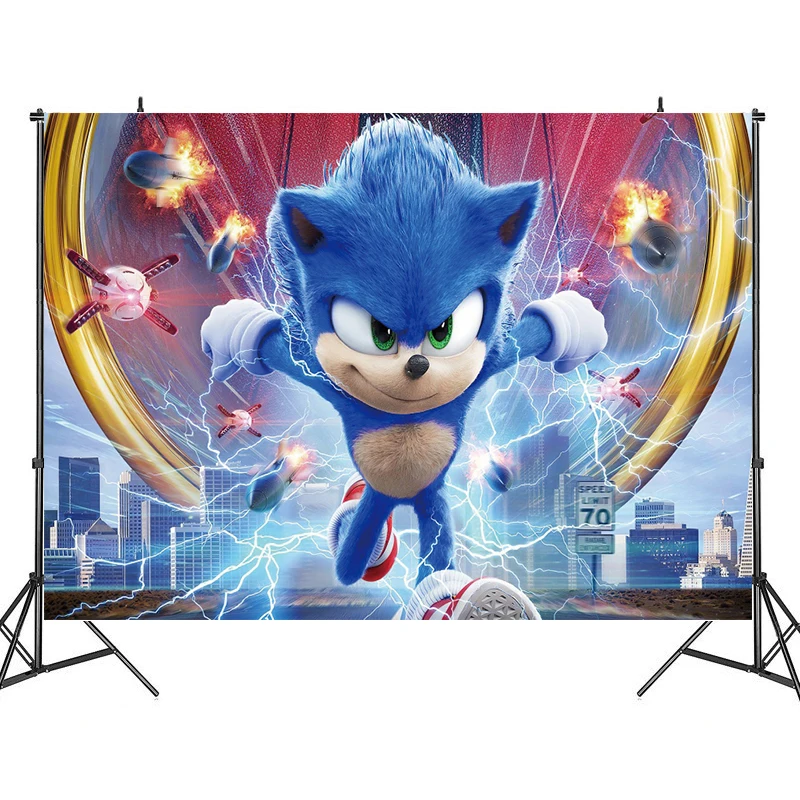 thumbnail image 1 of Fondo fotográfico personalizado con nombre y años de Sonic the Hedgehog, decoración para fiesta de cumpleaños, vinilo, tela de poliéster, pancarta de tela, 1 of 5
