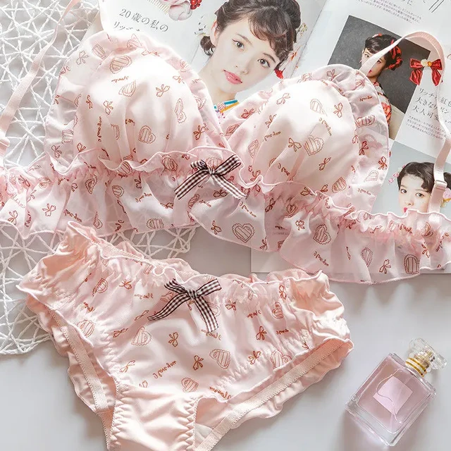 Cute Underwear Set Women Young Girl Chiffon Ruffles Lingerie Japanese Sweet  Lolita Love Bow Printing Students Bra & Panties Set - Bra & Brief Sets -  AliExpress