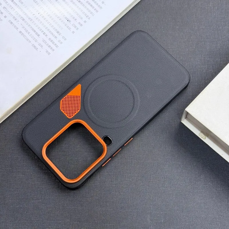 Luxury Magnetic Metal Heat Dissipation Leather Phone Case with Orange Lens Frame, Shockproof
