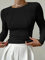 T-Shirt à manches longues pour femmes, tricot côtelé, couleur unie, coutures visibles, coupe cintrée, col rond, haut confortable, printemps/automne 6