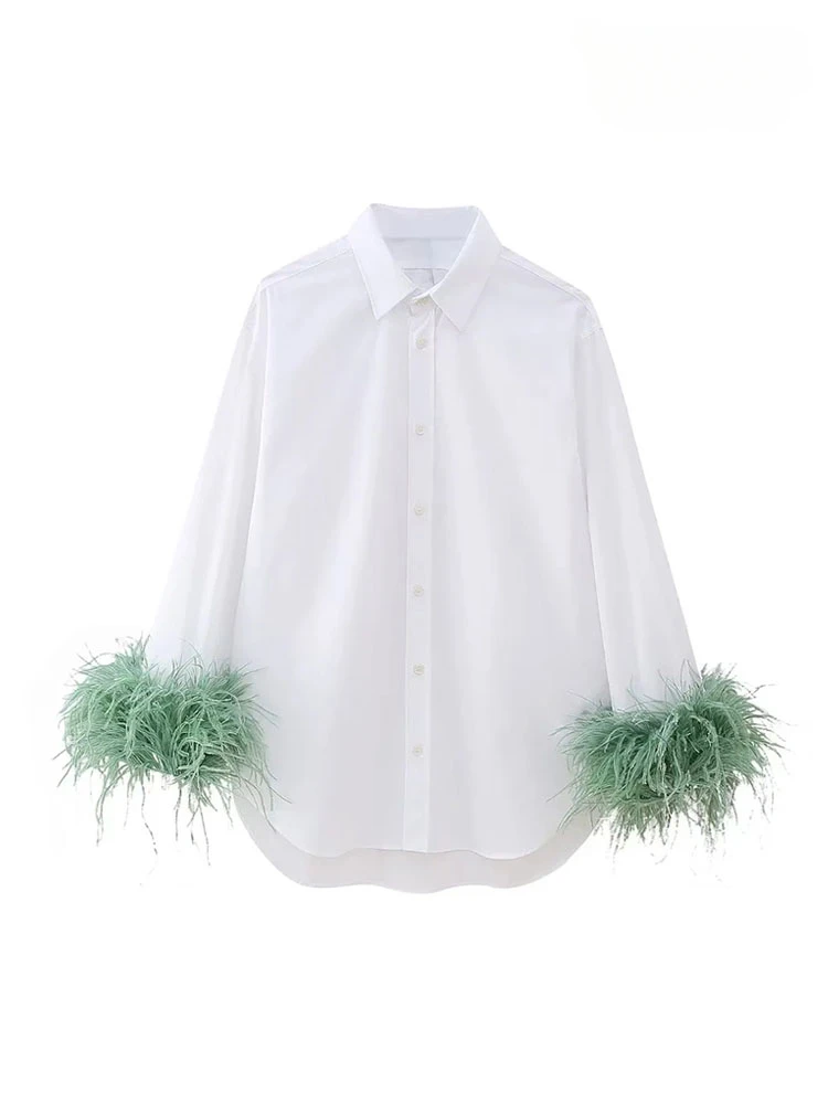 

TRAF Women Fashion With Feathers Poplin Shirts Vintage Long Sleeve Button-up Female Blouses Blusas Chic Tops casual clothes