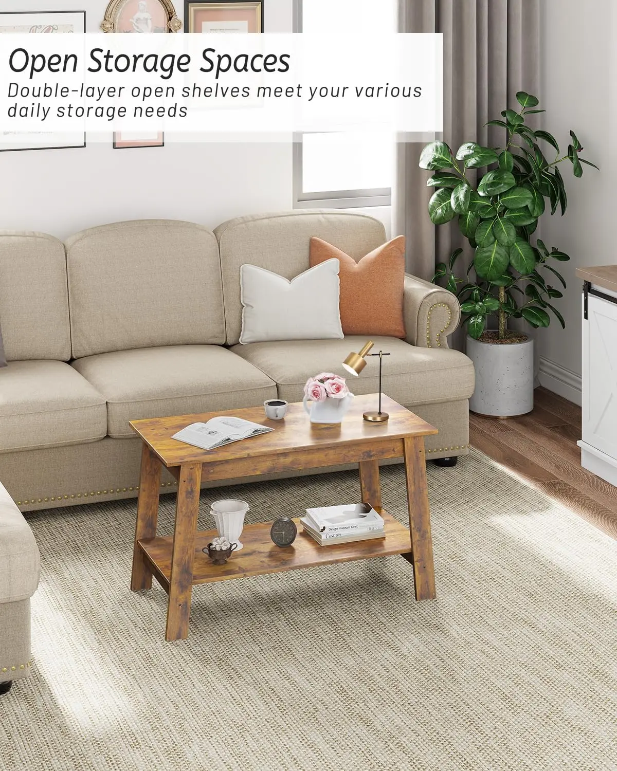 Coffee Table, Rustic Coffee Tables for Living Room, Outdoors, Home Office, Bedroom, Wood Living Room Tables with 2-Tie, Brown 2