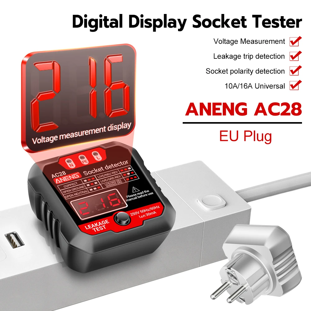 HTknit-Testeur de prise de courant numérique, poignées de tension ca, test  de polarité RCD, vérification de phase, vérificateur de circuit,  rétroéclairage bicolore, ect, 30mA - AliExpress