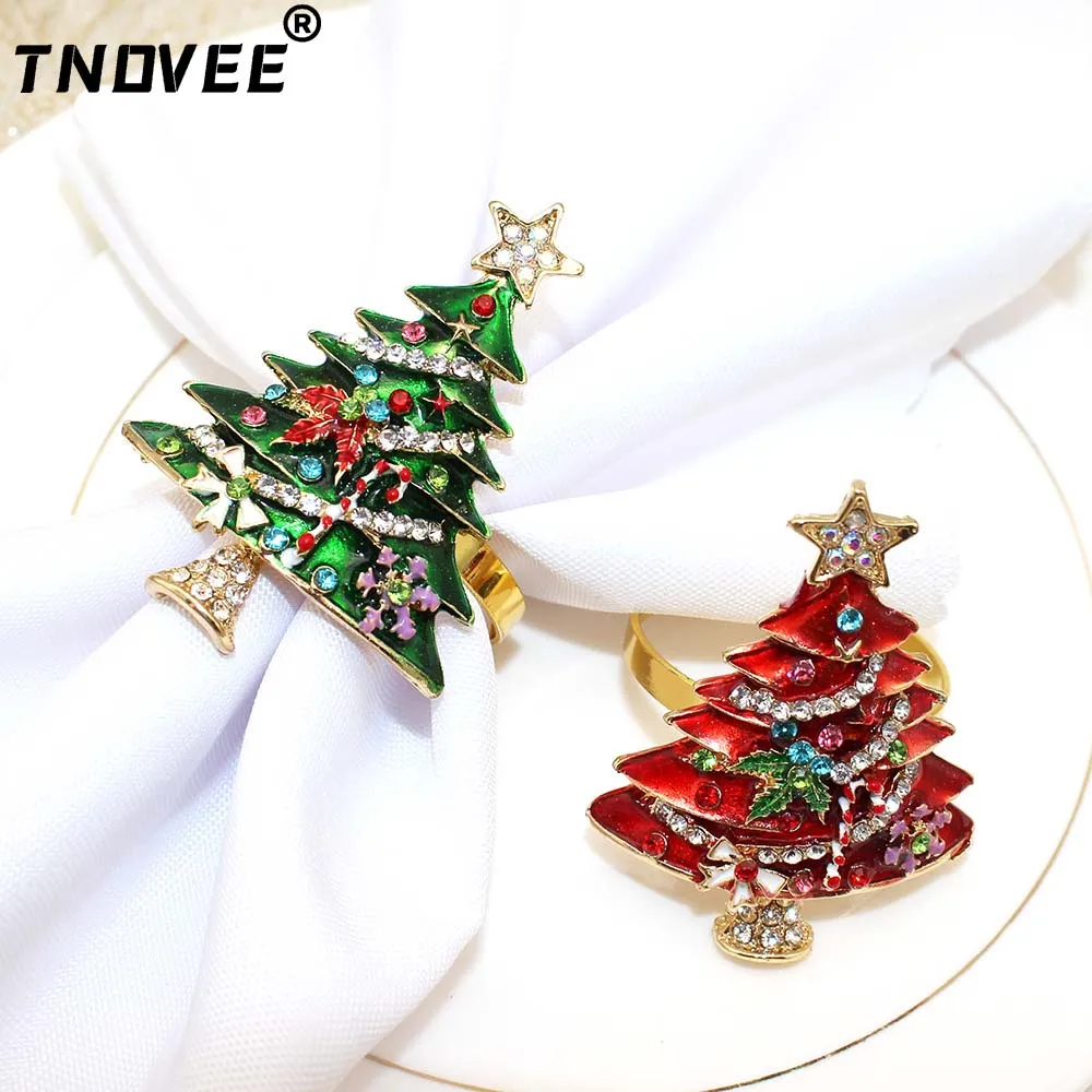 

6Pcs New Enamel Rhinestone Christmas Tree Napkin Ring for Dinning Table Setting Wedding Thanksgiving Home Kitchen Decor ERC201