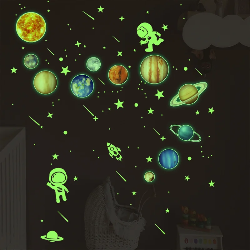 Glowing Stickers Astronaut Decals Glow In The Dark Space Planet Star Wall Sticker Child Room Decoration Self Adhesive Luminous