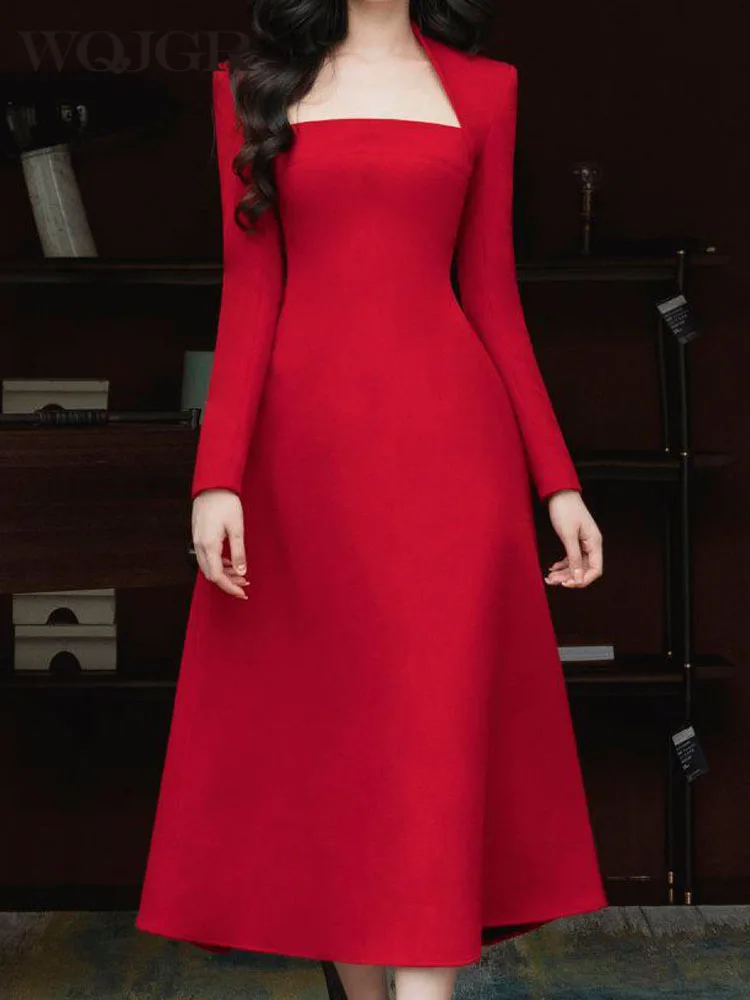 

WQJGR News Evening Dresses Women Casual Full Sleeve Square Collar Red Banquet Wedding Dresses for Female Spring Summer