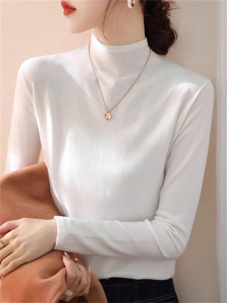 

Теплые женские футболки, джемпер с полувысоким горлом, топы, однотонные женские футболки с длинным рукавом