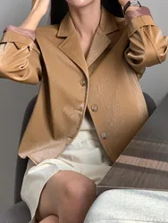 Autumn Vintage Short PU Blazer Jacket Coat for Women Texture Pattern Slim Short Outerwears Elegant Tops 2023