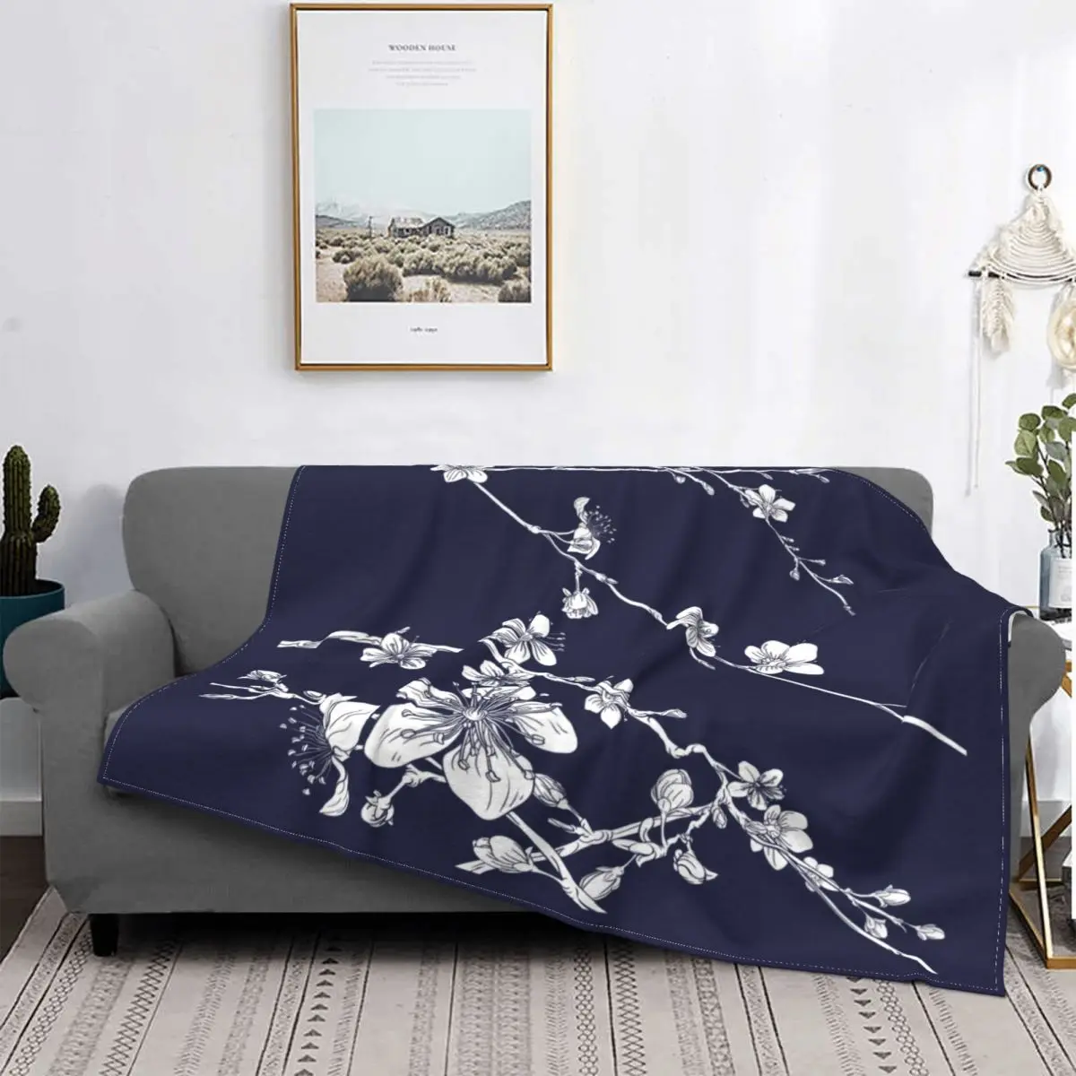 

Sofa Fleece Navy And White Cherry Blossom Pattern Throw Blanket Flannel Sakura Flowers Floral Blankets for Bedroom Couch Quilt