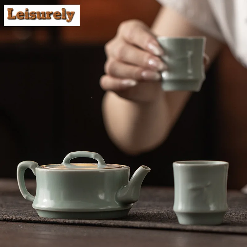 125ml Azure Ru Kiln Bamboo Joint Teapot Vintage Tea Infuser Pot Tea Soaking Kettle With Ball Hole Tableware Supplies Gift Craft