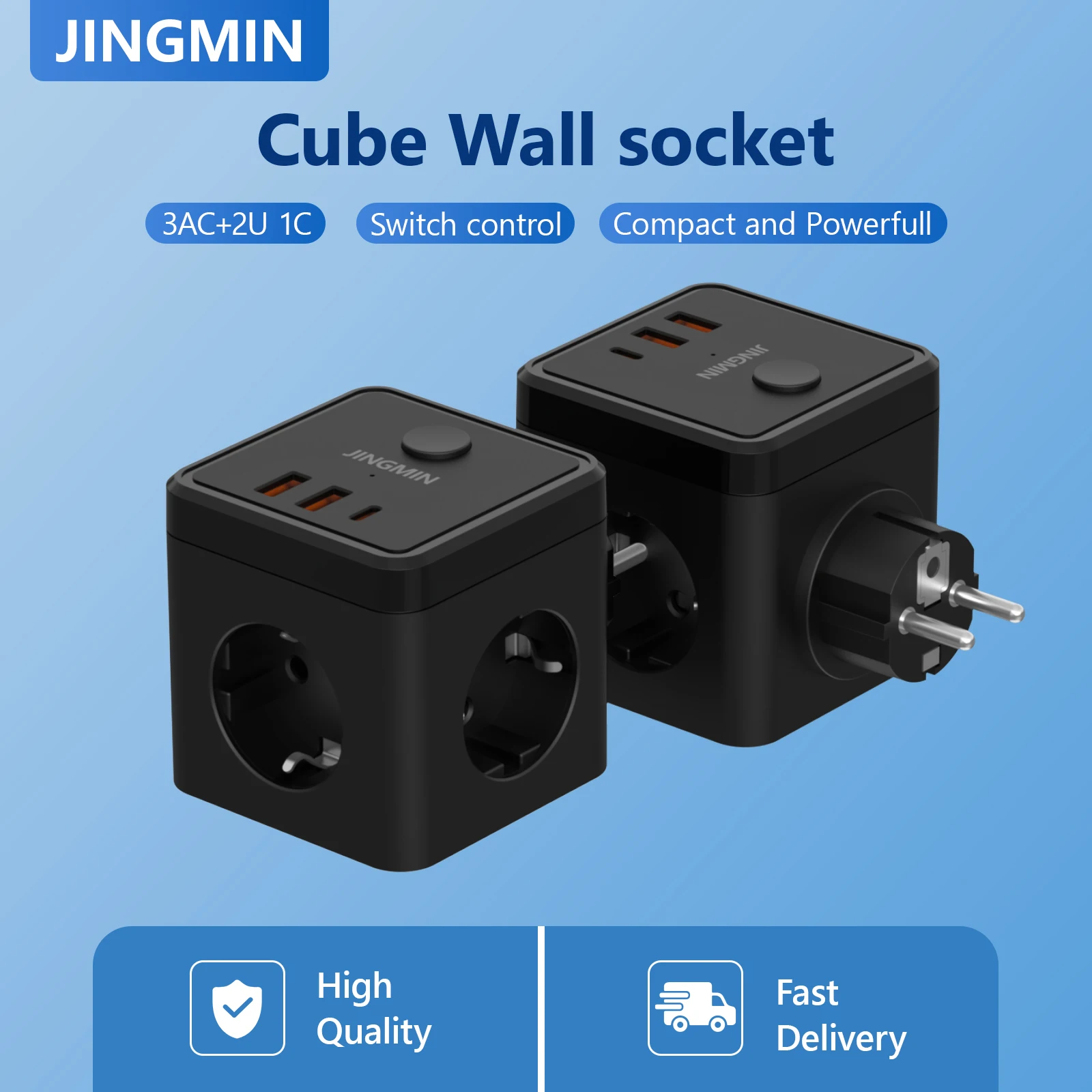 Wall SOCKET Extender พร้อมสวิตช์ 3 ช่อง 2 USB A และ 1 ประเภท C พอร์ตแบบพกพา Cube SOCKET Power Strip ADAPTER ชาร์จสําหรับเดินทาง 1