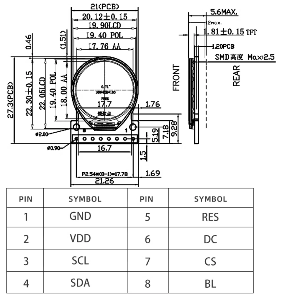 TFT Display 0,71 Zoll TFT LCD Display Modul Runde RGB 160*160 GC9A01 Treiber 8PIN SPI Schnittstelle 160x160 PCB Für Arduino – Detail 1