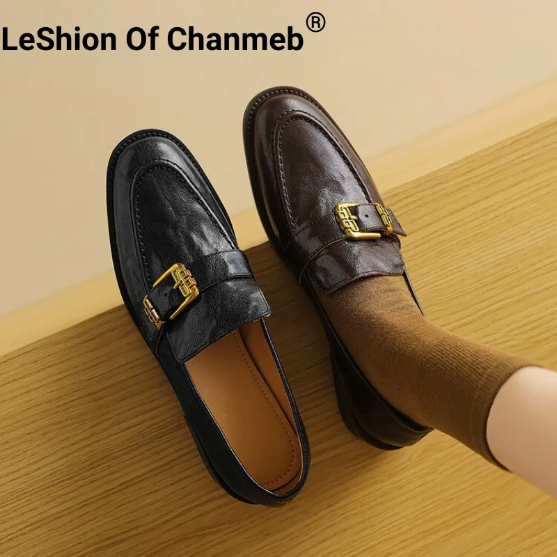 

LeShion Of Chanmeb Real Leather Loafers Women Punk Metal Buckle Shoes Retro Block Medium Heels Round Toe Casual Loafers Brown 43