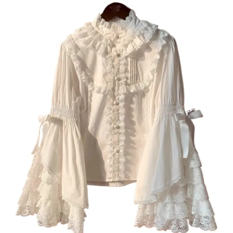 Japanese Sweet Cute Lolita Flare Sleeve Bow French Vintage Shirts Women Y2k Lace Patchwork Blouse Kawaii Girl Blusas Mujer Tops