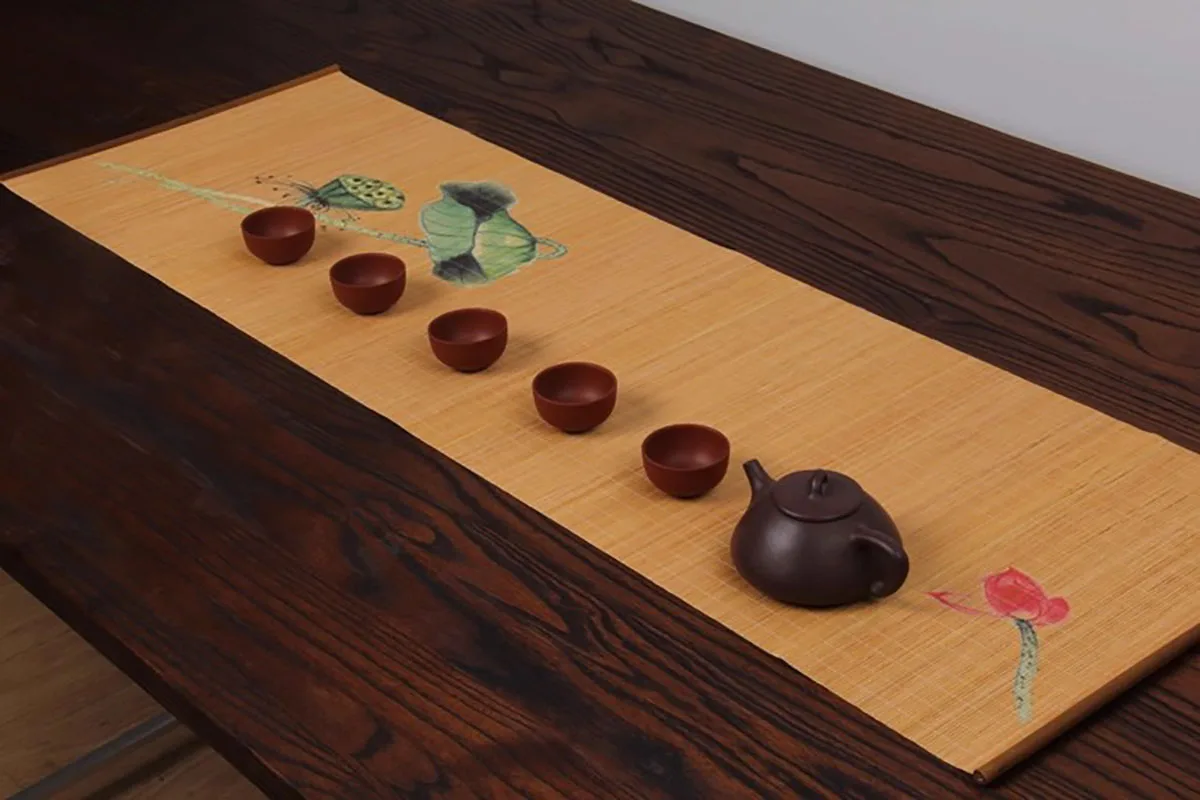 Hand-Painted Zen Tea Mat - Bamboo Tea Tray Mat with Artistic Print, Chinese Style Dry Brew Tea Ceremony Table Cloth