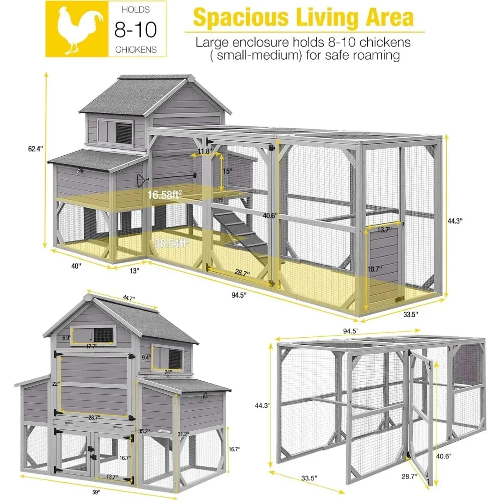 Chicken Coop Extra Large Chicken House for 8-10 Chickens, Outdoor Wooden Hen House Poultry Cage w/Two Nesting Boxes, Large Run 2