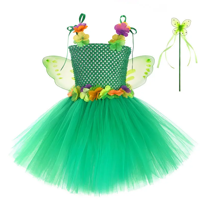 Cossky Tinker Bell Princess Dress Girl Halloween Party Cosplay Flower Fairy Tinkerbell Elf Green Costume Butterfly Wings Set