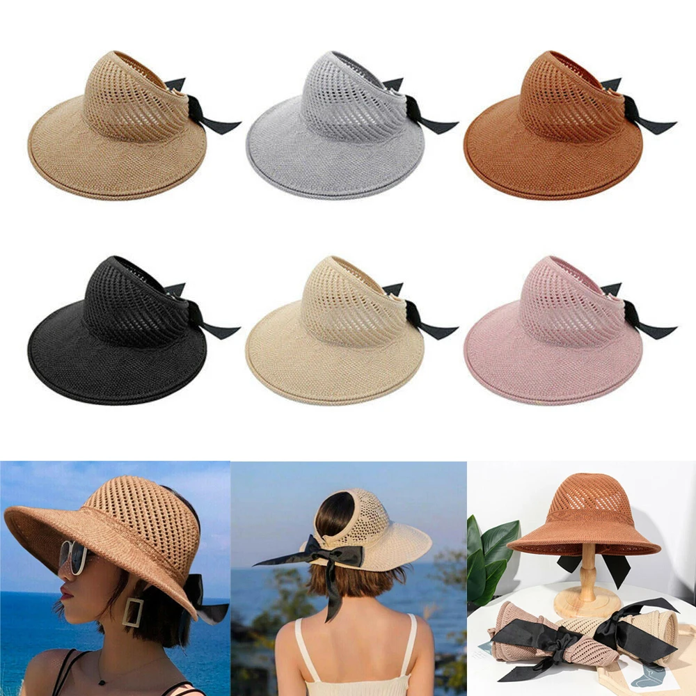 Women Summer Wide Brim Foldable Sun Hat Outdoor Anti-UV Beach Visor Caps Empty Top Straw Hat Fashion Bow-knot Breathable_voghion.com