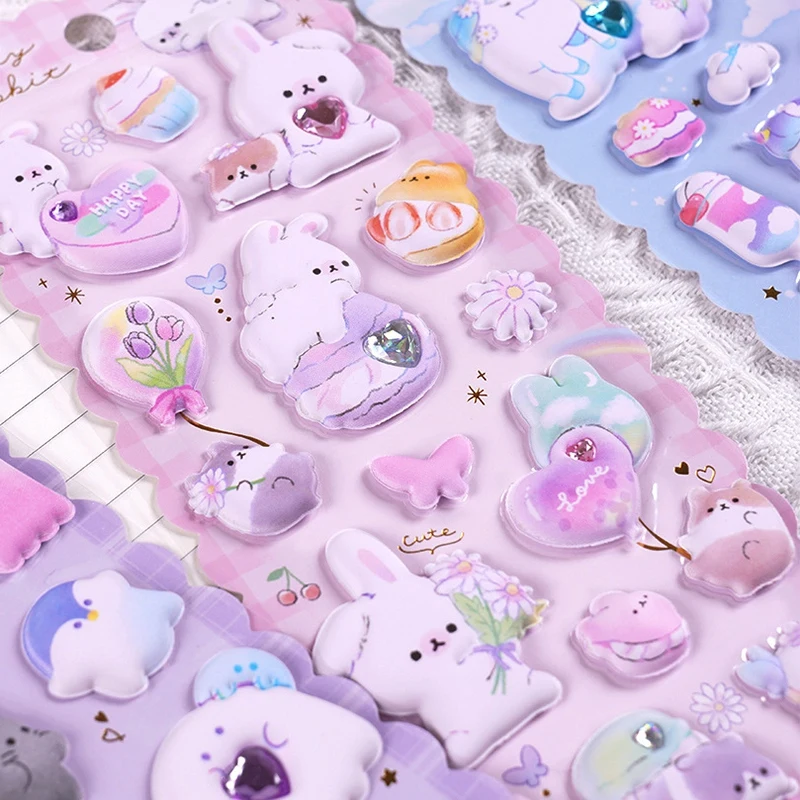 Thick Puffy Stickers Kawaii Japanese Soft Stickers for Kids 3D Squishes with Gem Reusable Puff DIY Phone Case