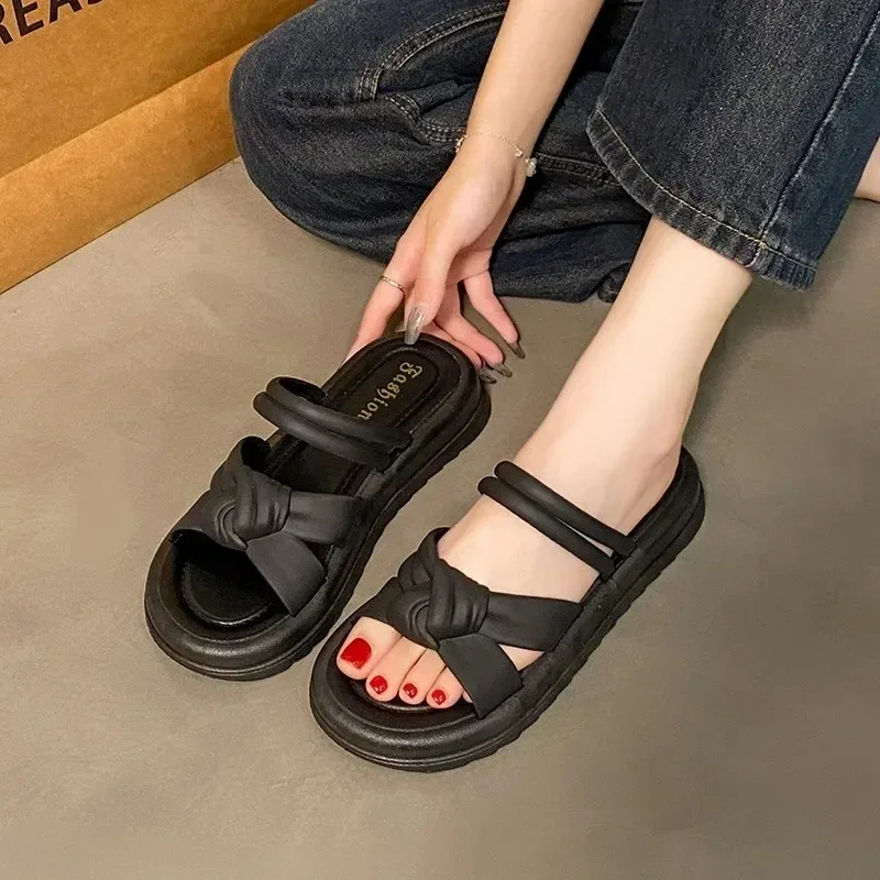 New Women's Bowknot Sandals Summer Outdoor Fashion Platform Heels Flat Elegant Woman Heeled Beach Shoes High Quality