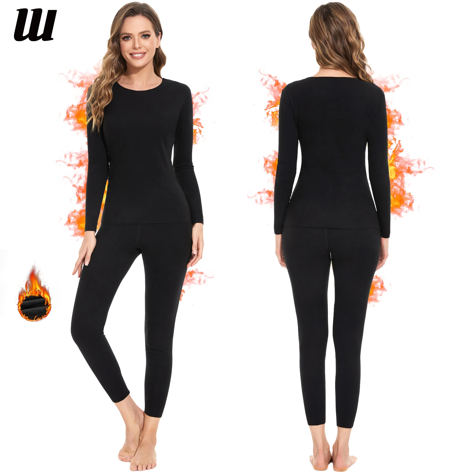 Thermal Underwear Set for Women Fleece Lined Base Layer Tops Bottoms Free-cutting Seamless Crew Neck Long Sleeved Long Johns