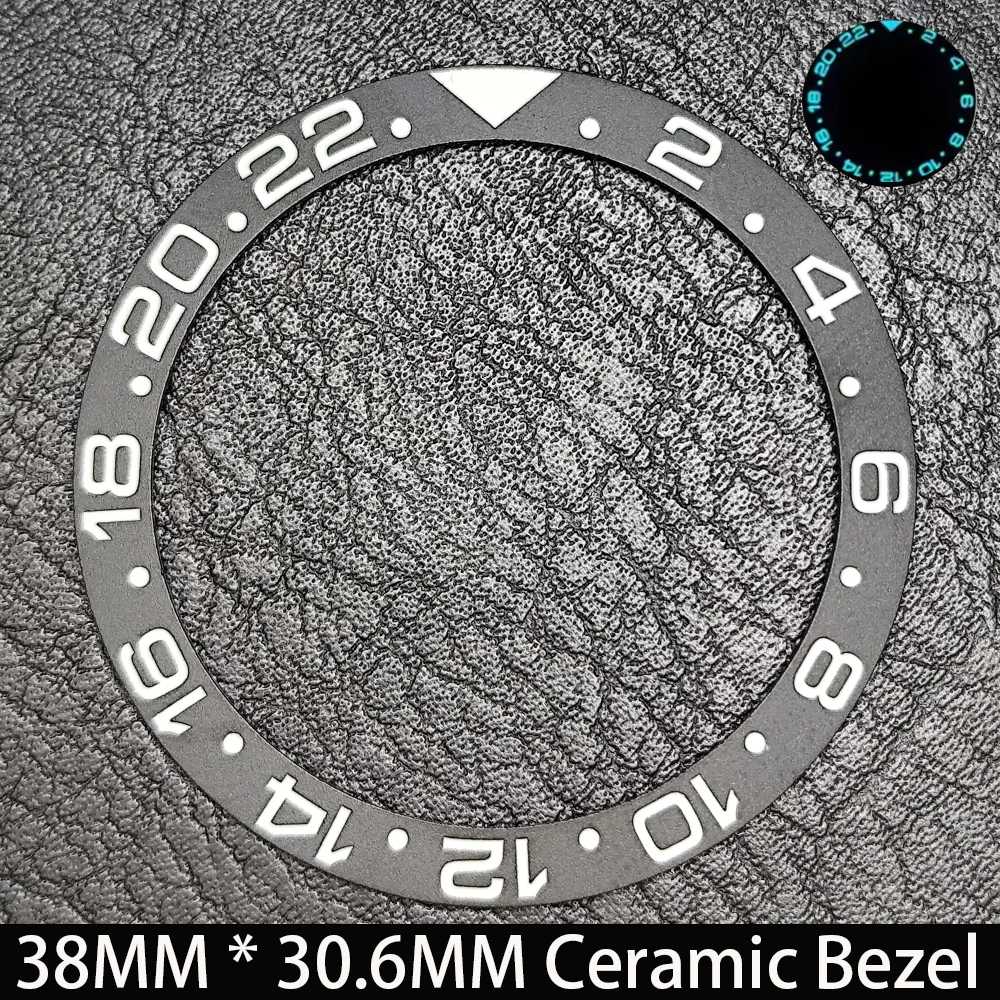 Elegant Blue Luminous Bezel GMT and Diving Watch Insert, Sloping 38mm x 30.6mm Ceramic/Aluminum