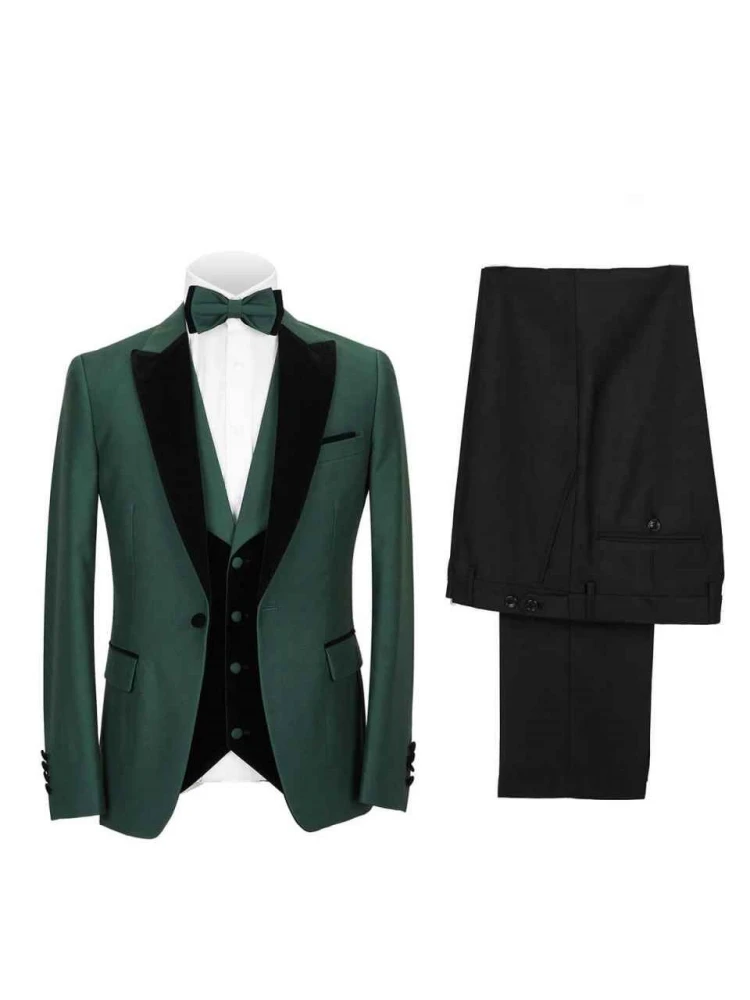 Dark Green 3 Pieces Men Suits Slim Fit Peak Lapel Formal Best Man Wedding Groom Wear Blazer Sets Party Tuxedos Trajes De Hombre