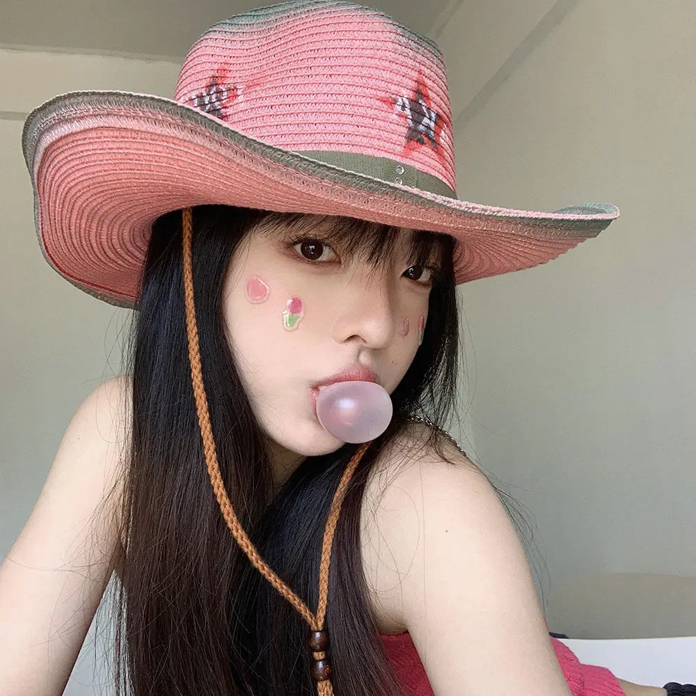 Mode Mode Nouvelle Fille Douce Épicée Étoile Rose Graffiti Western Cowboy Personnalisé Pare-Soleil D'été Et Chapeau De Paille De Protection Solaire_voghion.com