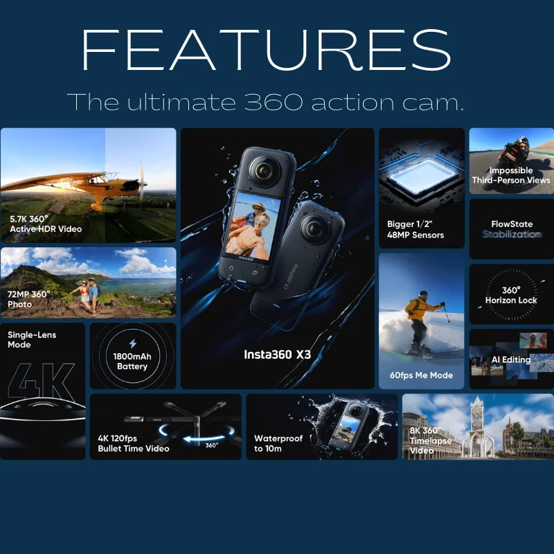 Insta360 X3 Pocket-Size Sports 360 Action Camera HDR 5.7K 360 72MP 2.29" Touch Screen 1/2" Sensor Insta Original Cam action camera