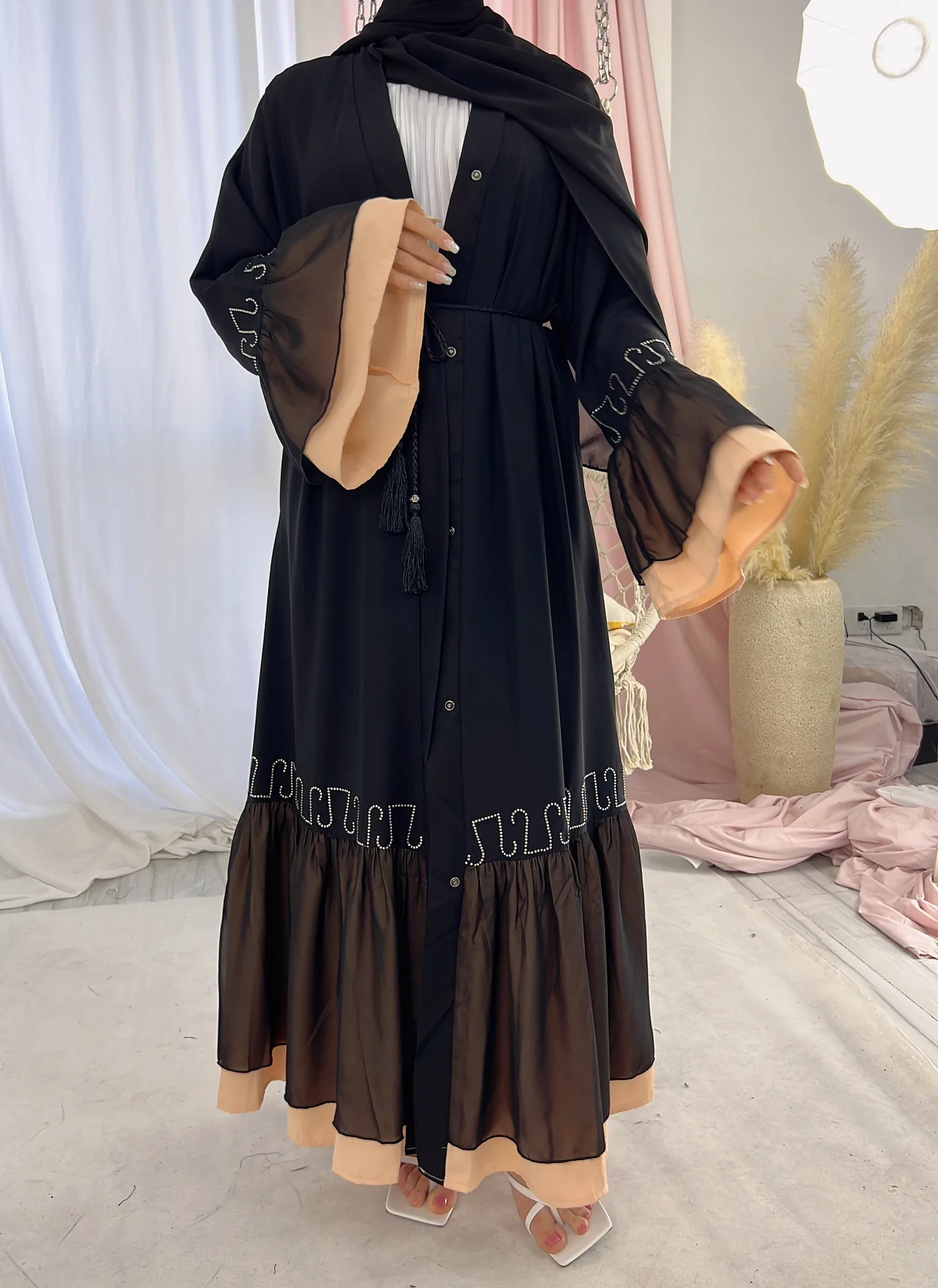 

Luxury Modest Mubarak Dress Lace Abaya Beading Muslim Ramandan Eid Robe Cardigan Long Gowns Kimono Jubah Thobe Islamic Prayer