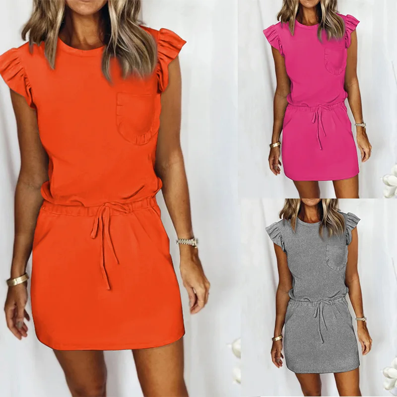 

Solid Color Short Ruffles Sleeveless Mini Dress Bodycon High Waist Sexy Fashion Summer Women Dress