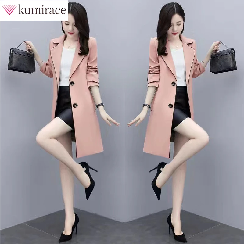 Windbreaker Women's Medium Length 2022 Spring and Autumn New Elegant Womanly Temperament British Style Over the Knee Coat Coat 2022 european and american star business wear fashion one button medium length suit leggings women s suit two piece set