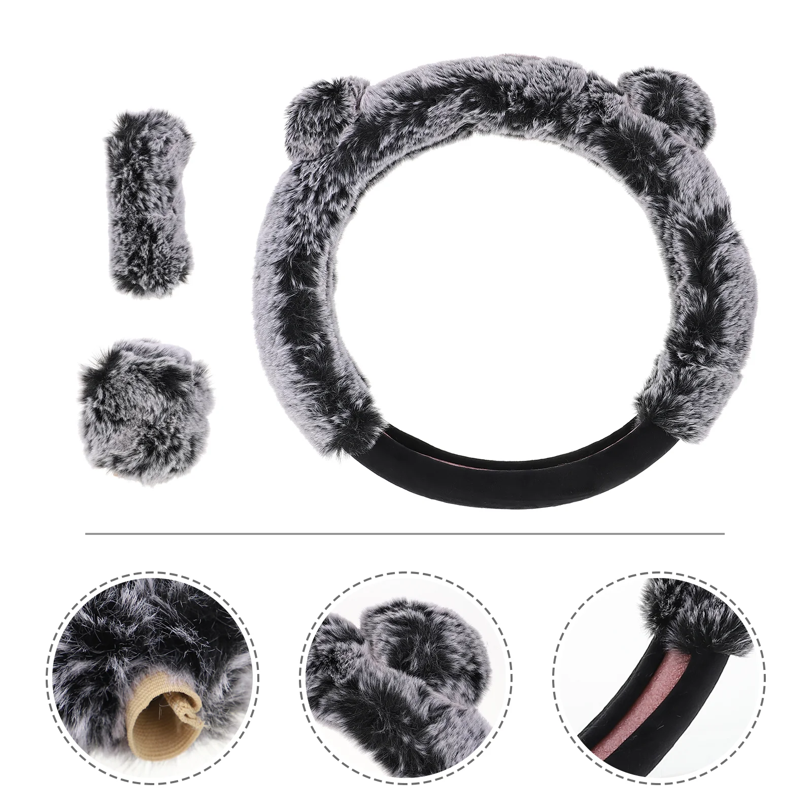 

Steering Wheel Cover Set Bear Ear Auto Handbrake Cover Steering Wheel Protector for Car Gear Decoration ( Grey )