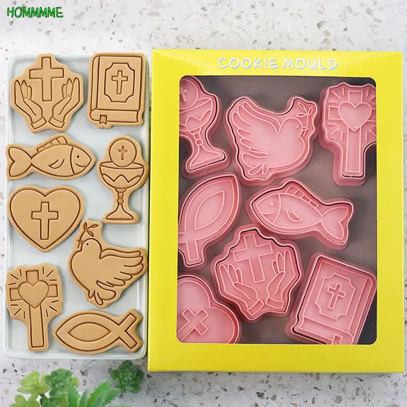 8Pcs/10pcs Christian Communion Cookie Cutter 3D Cartoon Cross Love Fish Chalice Pressable Biscuit Stamps Mold Cake Decoration